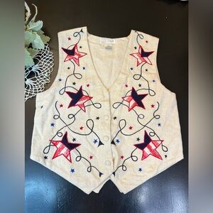 ID Sport Vintage 90s Stars USA Patriotic Red Blue Off White Embroidery Vest Sz M